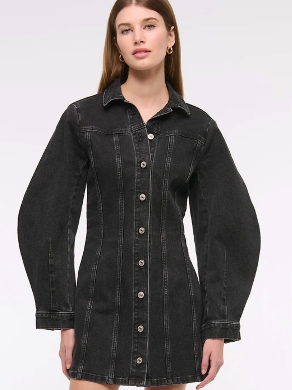 Abercrombie & Fitch Black Button-Front Long Sleeve Denim Dress